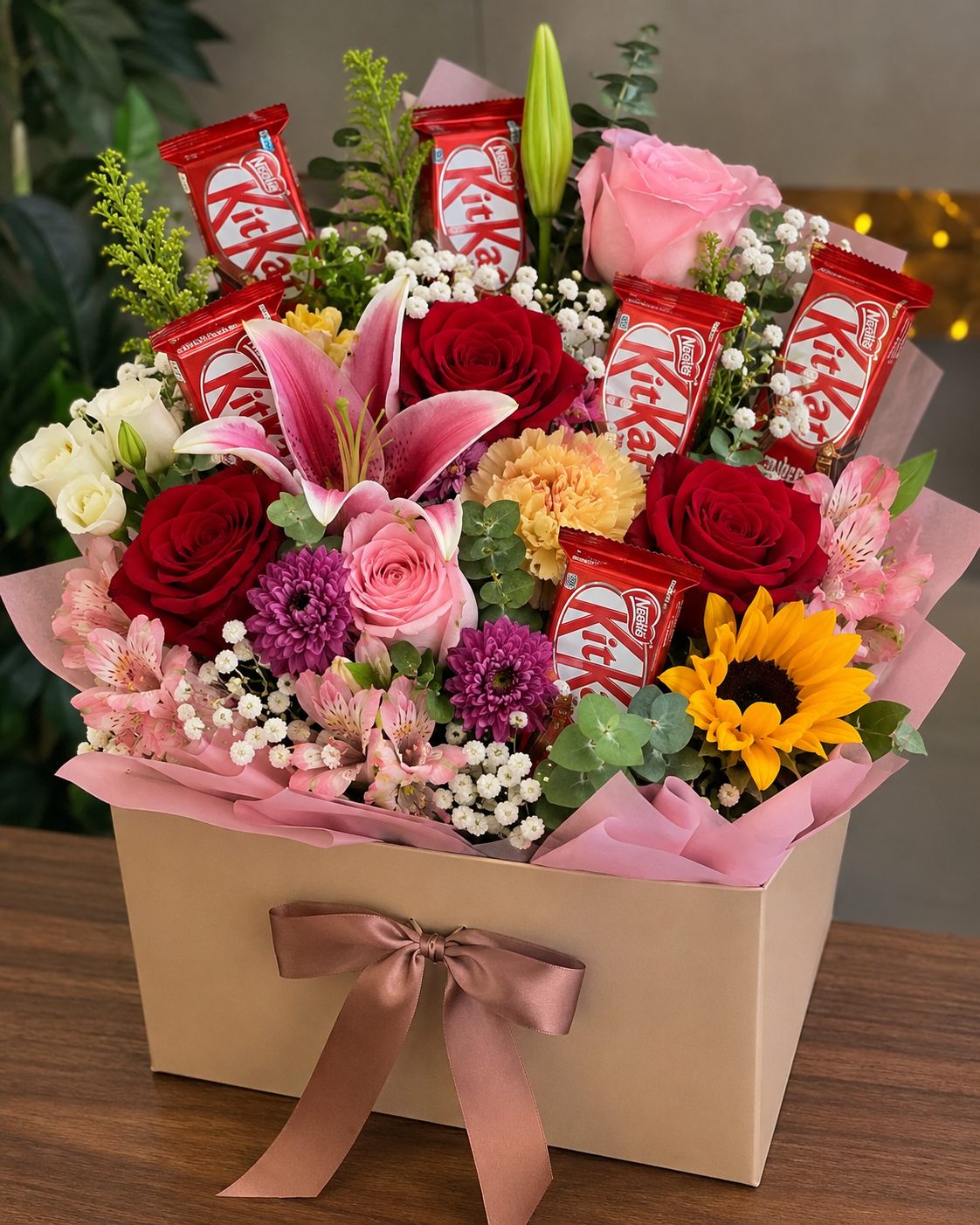 Foto de Caja Mediana flores surtidas y Kit Kat