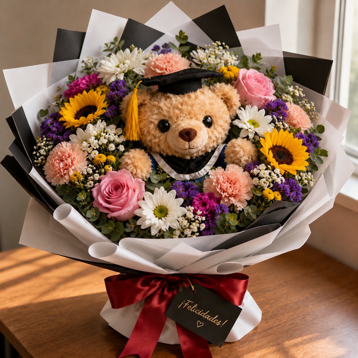 Foto de Ramo de Graduacion con peluche y flores surtidas
