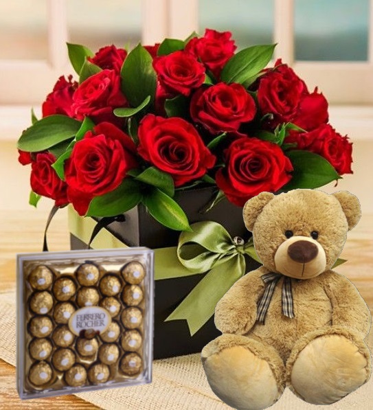 Foto de COMBO CAJA 12 ROSAS , PELUCHE MEDIANO  Y FERRERO GRANDE 