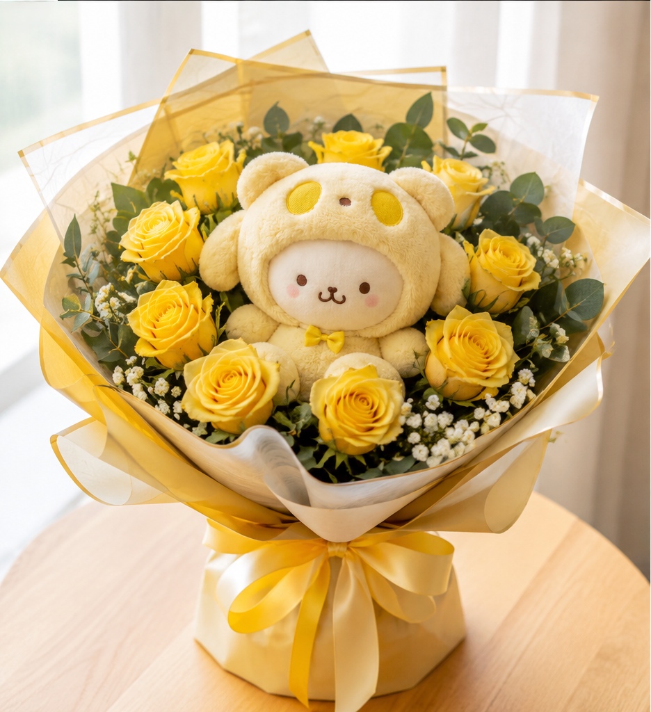 Foto de Ramo de 12 Rosas Amarillas Con Peluche Melody Pompompurin